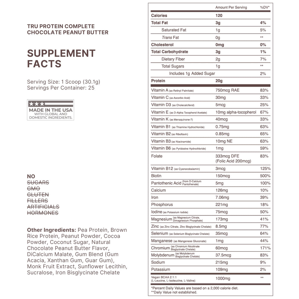 TRU Supplements ingredients panel highlights brown rice and pea protein for vegan nutrition.