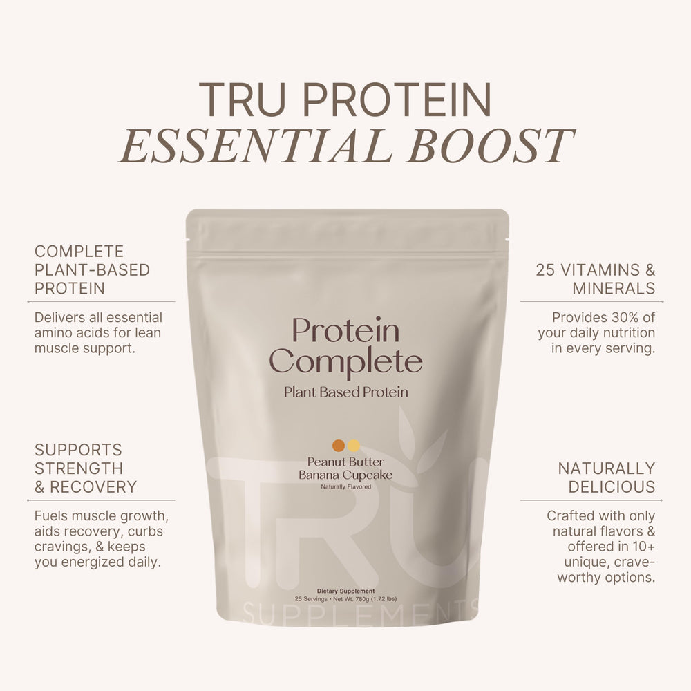 TRU Supplements protein powder bottle close-up highlighting label and ingredients