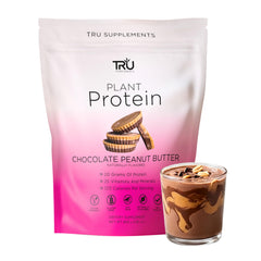 TRU Supplements protein powder front label in chocolate peanut butter for post-workout shakes.