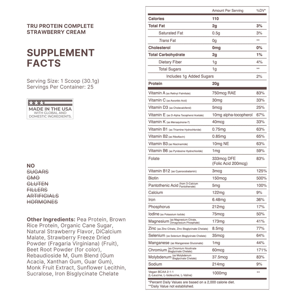 TRU Supplements protein powder tub back showing ingredients and plant-based blend.