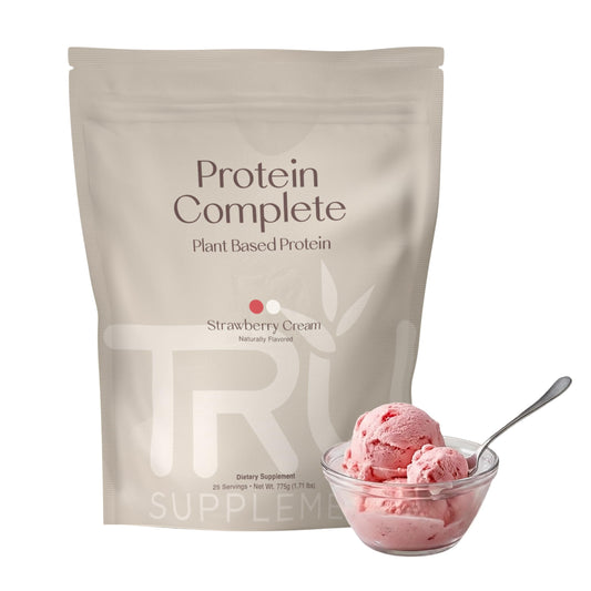 TRU Supplements protein powder tub front in strawberry cream flavor for post-workout fueling.