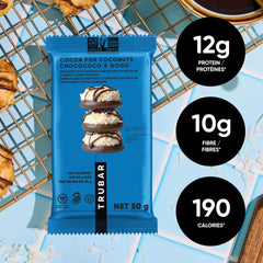 TRUBAR Cocoa Protein Bar ingredients list emphasizing non-GMO and dairy-free