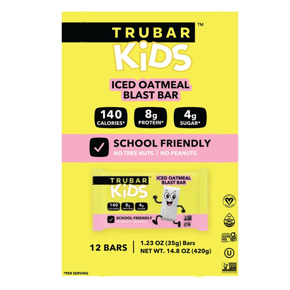 TRUBAR plant-based protein ingredients highlighted on the label, including brown rice and organic pea protein