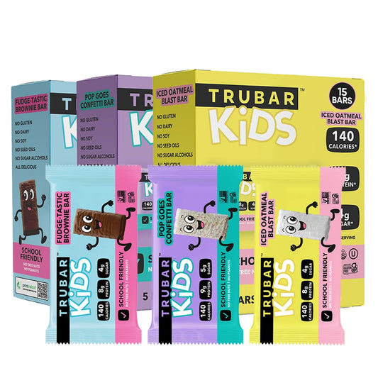 TRUBAR Kids Bars variety pack shown in a lunchbox for busy school days.