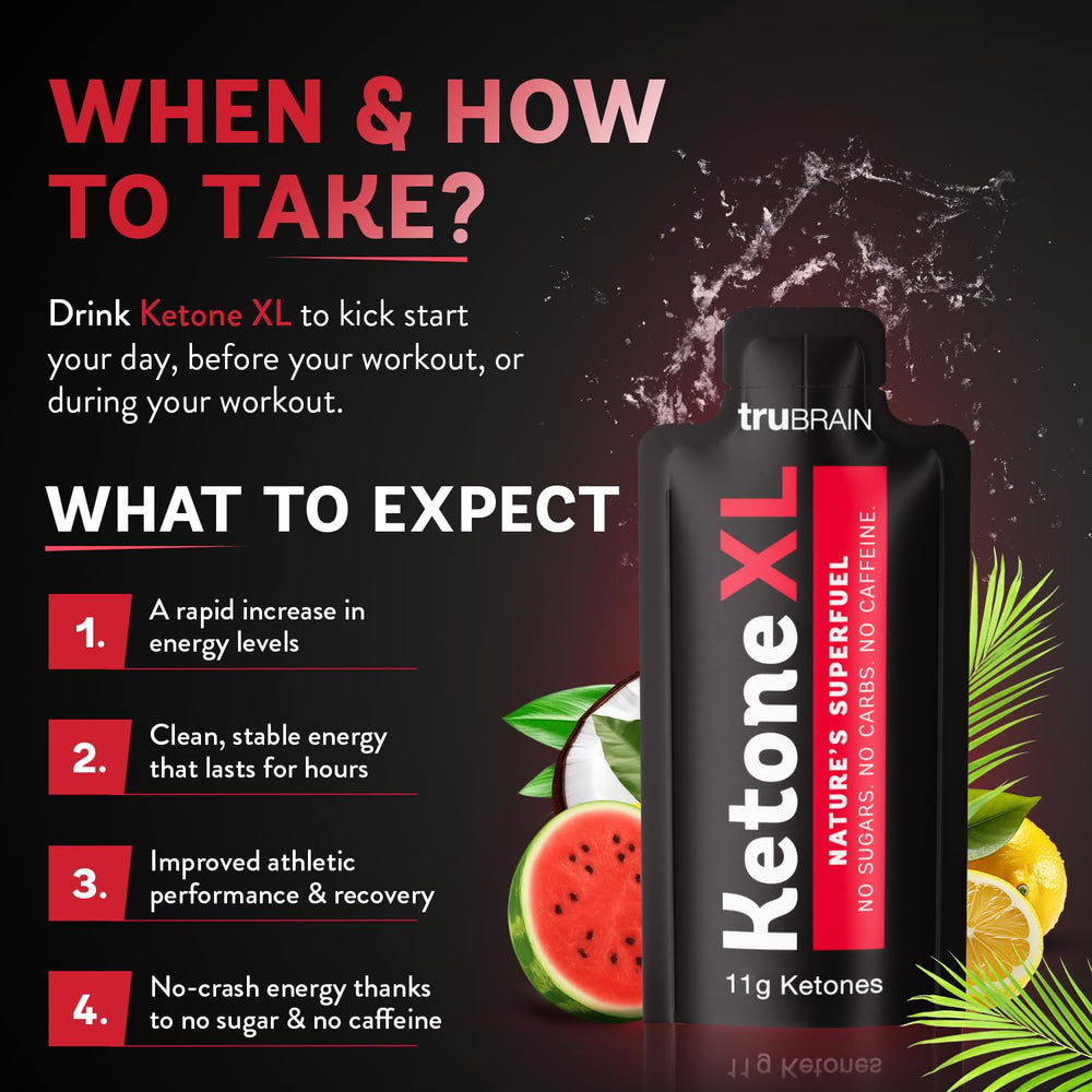 TruBrain Ketone XL lemonade shot on gym bench illustrating sustained energy during workouts