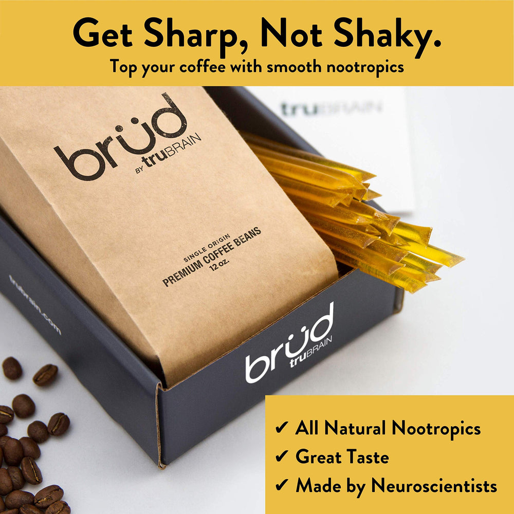 TruBrain nootropic coffee enhancer beside a coffee cup for enhanced morning focus.