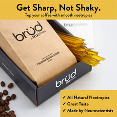 TruBrain nootropic coffee enhancer beside a coffee cup for enhanced morning focus.