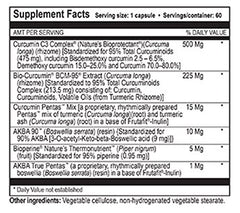 True Botanica Curcumin Plus capsules label highlighting ingredients and dosage.
