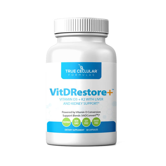 True Cellular Formulas VITDRestore+ bottle front - vegan D3 and K2 for daily bone health support