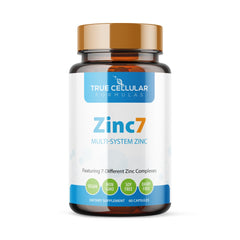 True Cellular Formulas Zinc7 bottle on desk, supporting daily immune wellness.
