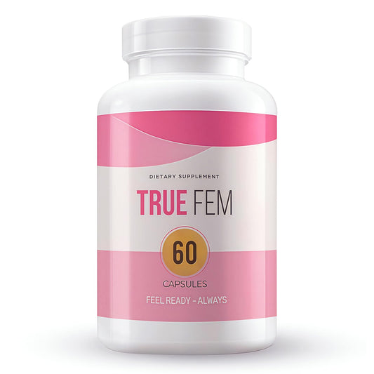 TRUE FEM 13-in-1 bottle label shows vegan, non-GMO botanical blend for daily balance.