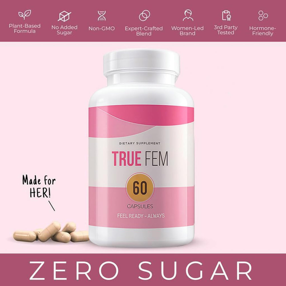 Close-up of TRUE FEM bottle top indicating tamper-evident seal for daily use.