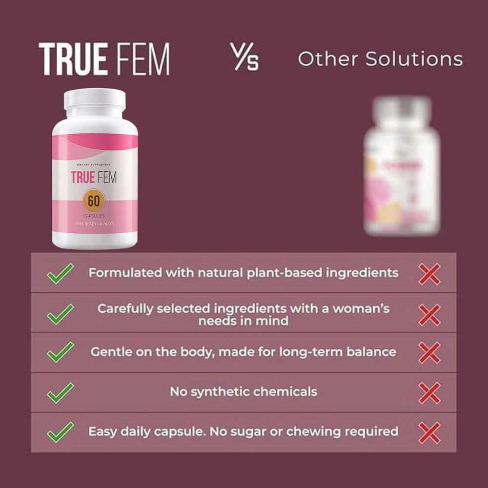 TRUE FEM vegan non-GMO badge signals plant-based ingredients for daily wellness.