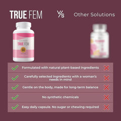 TRUE FEM vegan non-GMO badge signals plant-based ingredients for daily wellness.