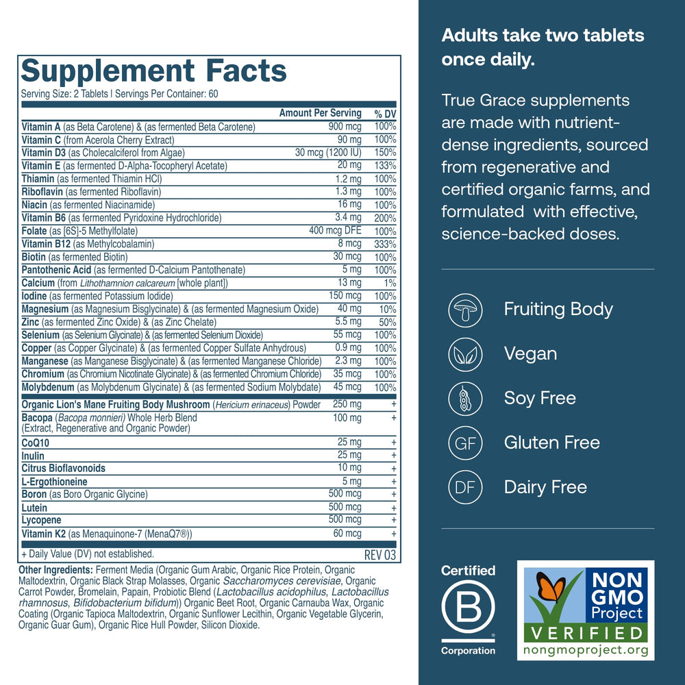 Close-up of easy-to-swallow tablets from True Grace Daily Multivitamin 50+.