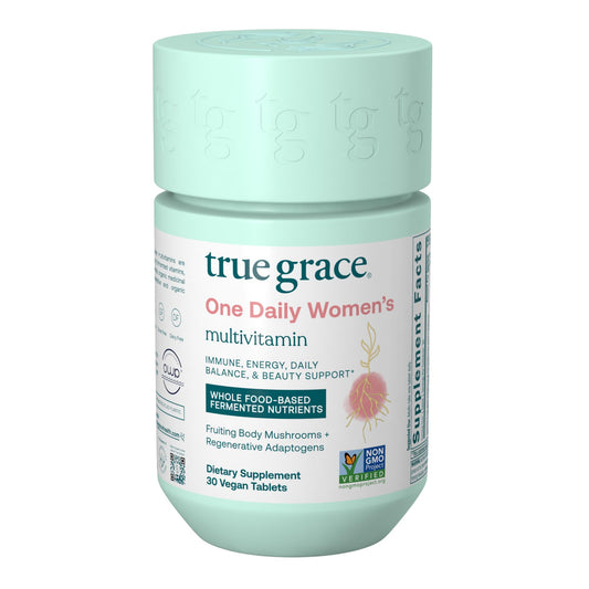 True Grace Daily Multivitamin bottle front with compact vegan tablets for daily balance.