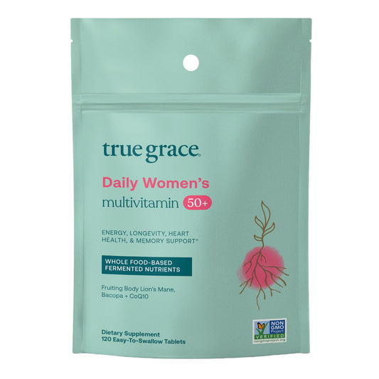 True Grace Daily Women’s Multivitamin 50+ bottle front for daily wellness.
