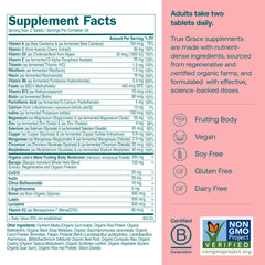 True Grace Daily Women’s Multivitamin 50+ bottle label highlights vegan, gluten-free formula.