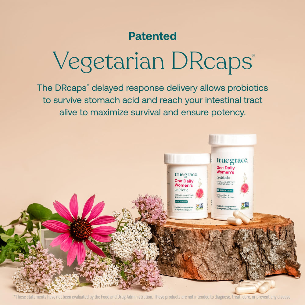 True Grace DR caps protecting probiotic cultures from stomach acid.