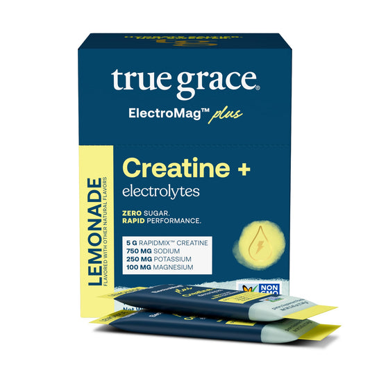True Grace ElectroMag and Creatine Lemonade stick pack ready to dissolve for convenient hydration.