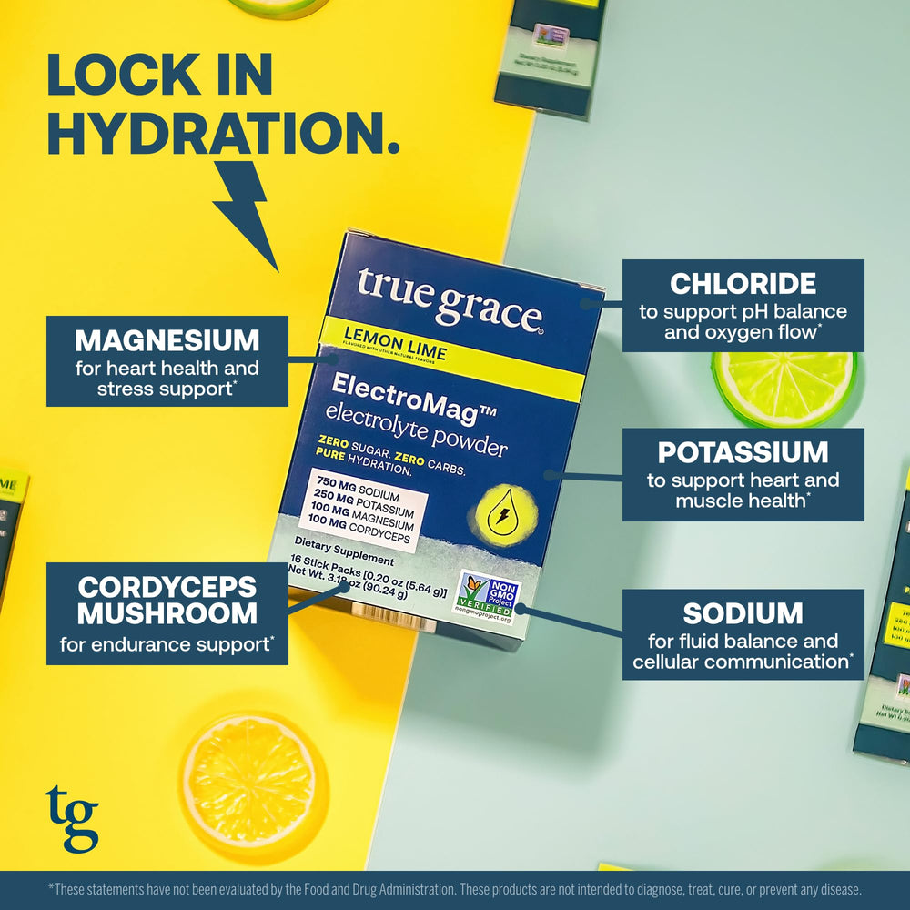 Outer packaging of True Grace ElectroMag lemon-lime with eco-conscious messaging.