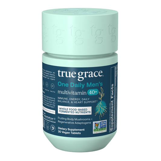 True Grace Men's 40+ multivitamin bottle front view for daily wellness support.