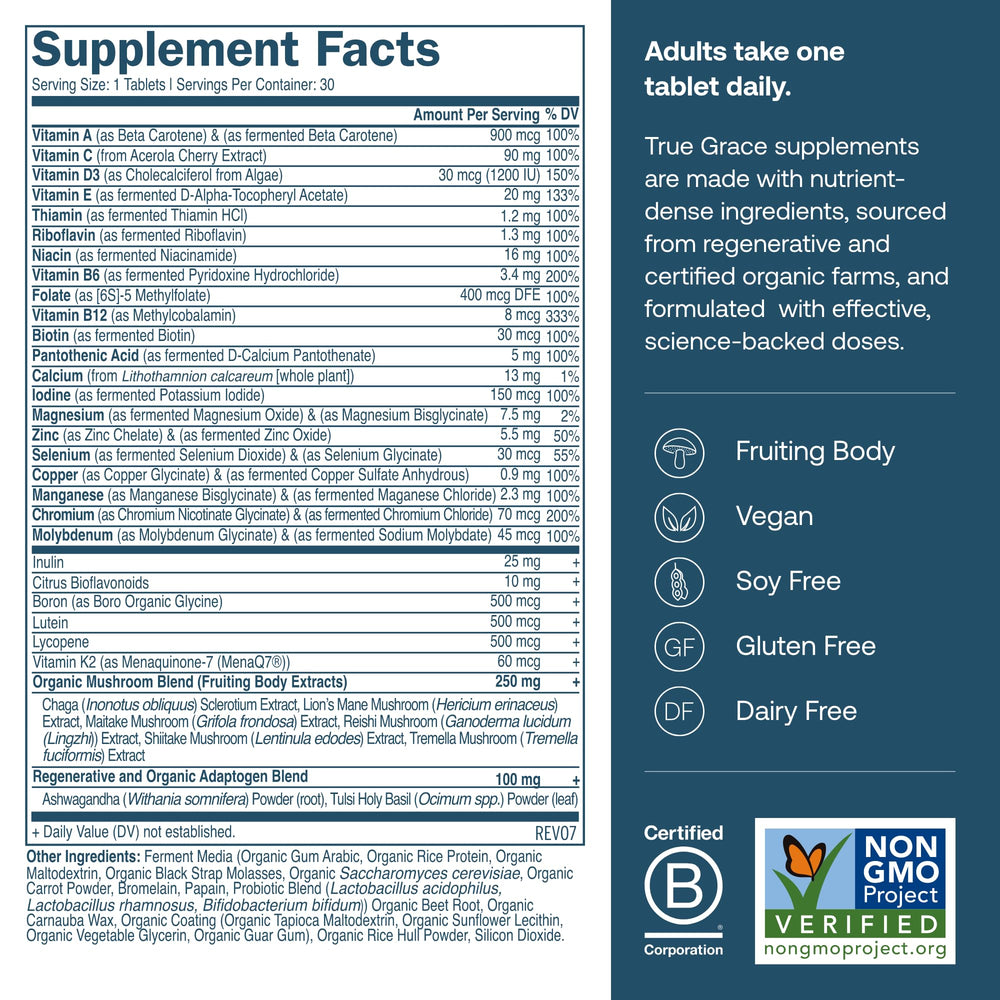 Close-up of True Grace multivitamin label highlighting fermented minerals and organic ingredients.