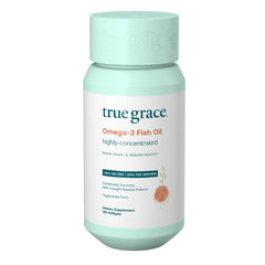 True Grace Omega-3 Fish Oil bottle with 180 softgels for daily heart and brain support.
