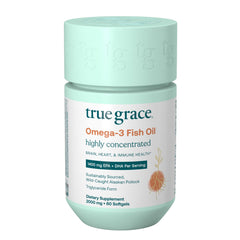 True Grace Omega-3 Fish Oil bottle front with high potency EPA+DHA for everyday wellness
