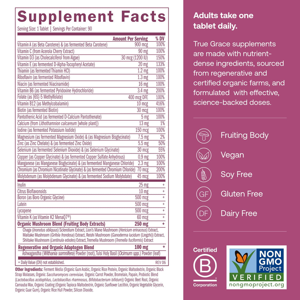 Bottle label close-up shows non-GMO vegan formula and key minerals.
