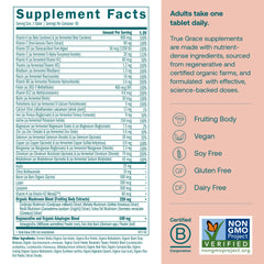 True Grace One Daily tablets close-up highlighting fermented minerals and chelated nutrients.
