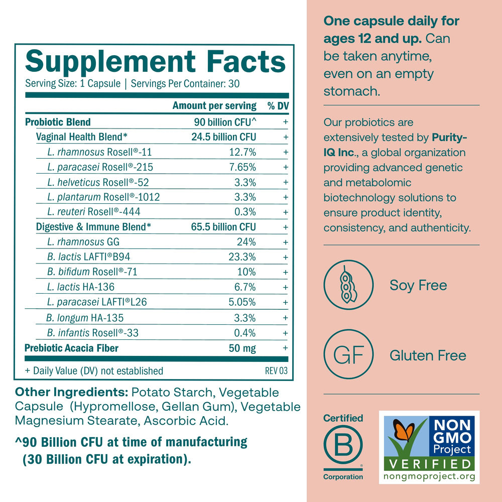 True Grace One Daily Women’s Probiotic capsules close-up highlighting vegetarian capsules.