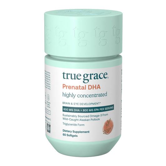 True Grace Prenatal DHA bottle pour highlights sustainable omega-3 for mom and baby