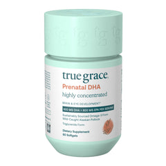 True Grace Prenatal DHA bottle pour highlights sustainable omega-3 for mom and baby