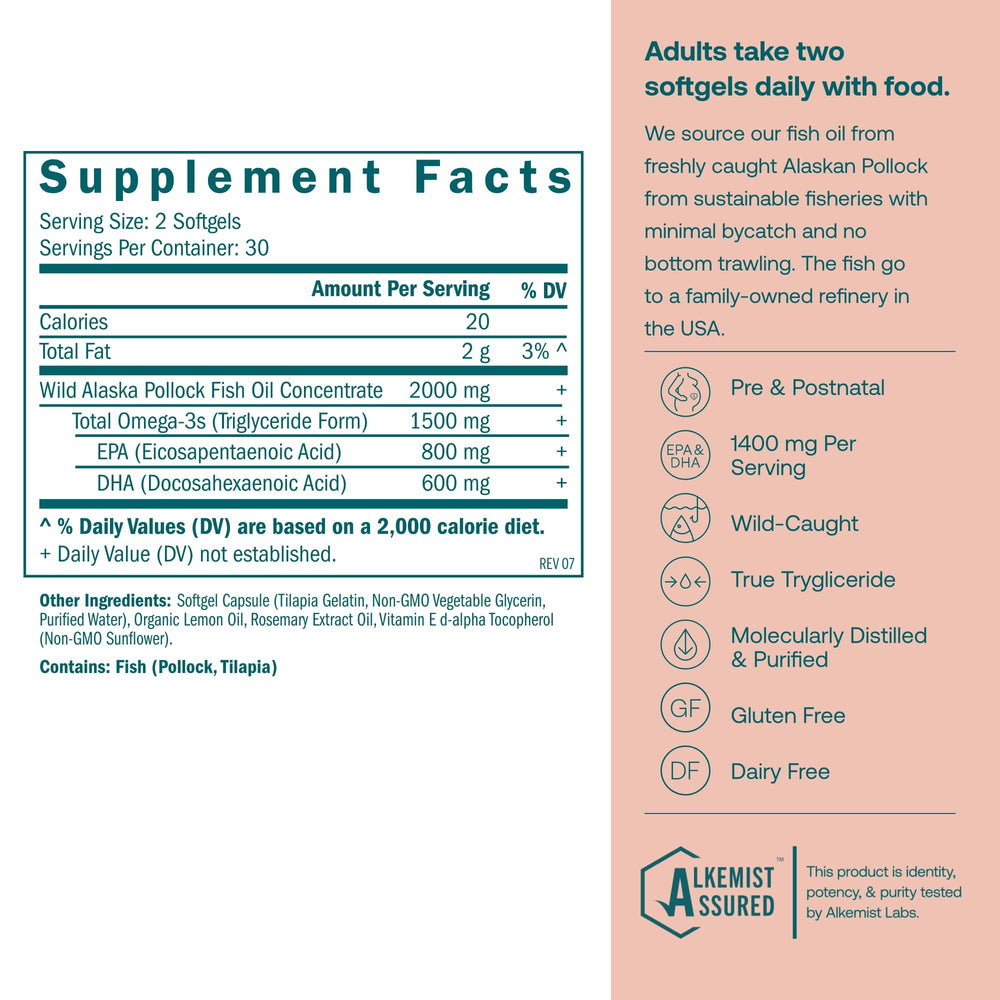 Close-up of True Grace Prenatal DHA softgels and triglyceride form