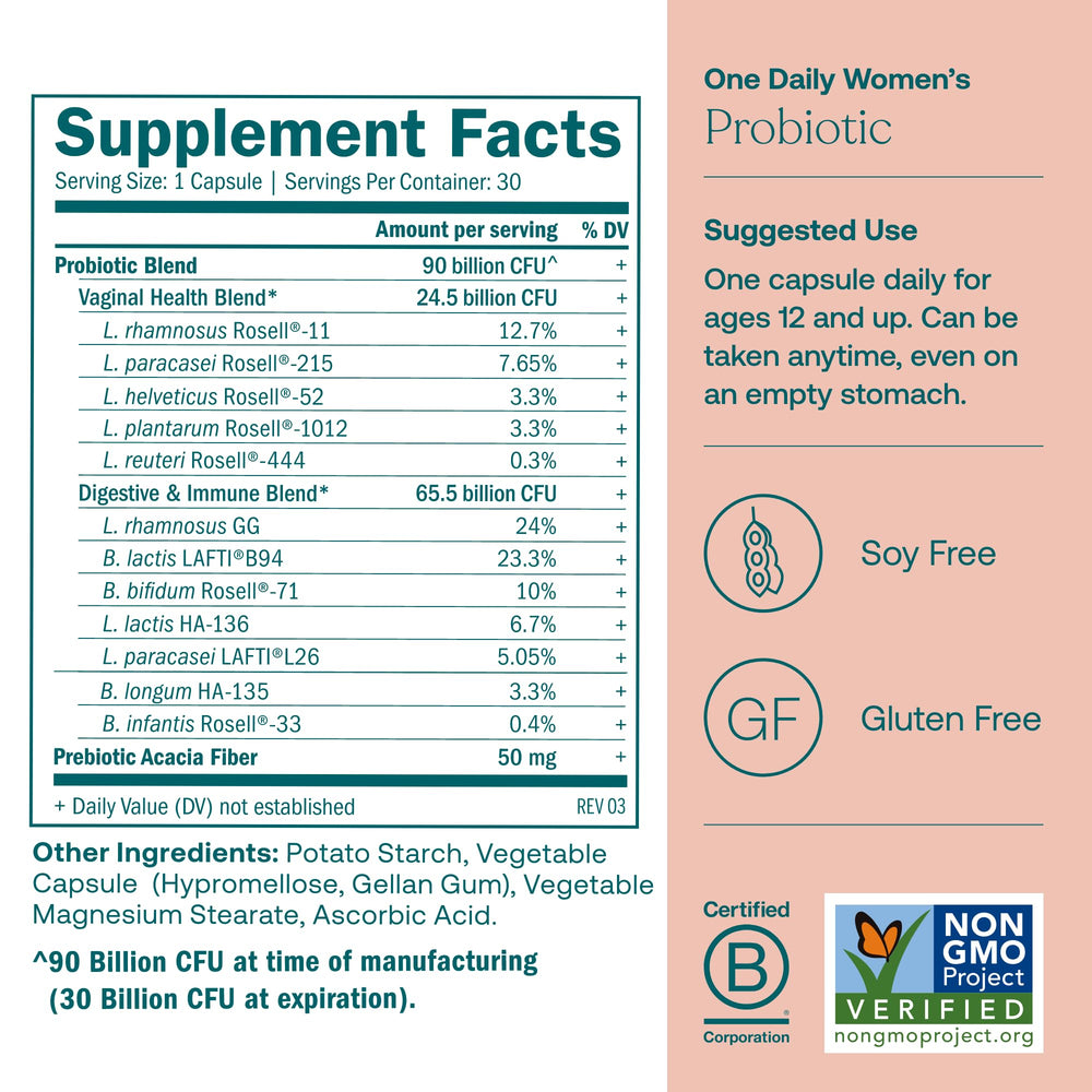 Close-up of True Grace probiotic capsules highlighting 12 cultures and prebiotic fiber