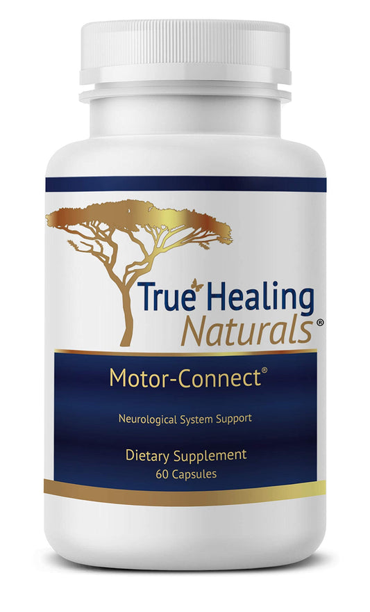True Healing Naturals Motor Connect bottle closeup highlights ingredients for focus support.
