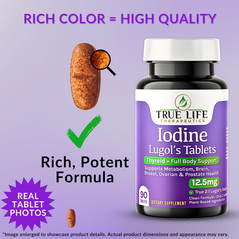 True Life Therapeutics Lugol's iodine tablets bottle side highlights potassium iodide for full-body iodine delivery