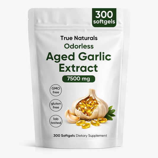 TRUE NATURALS aged garlic extract odorless capsules for daily heart and immune support.