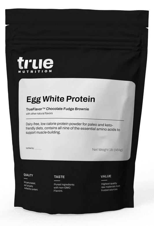 True Nutrition egg white protein powder bottle, dairy-free option for athletes.