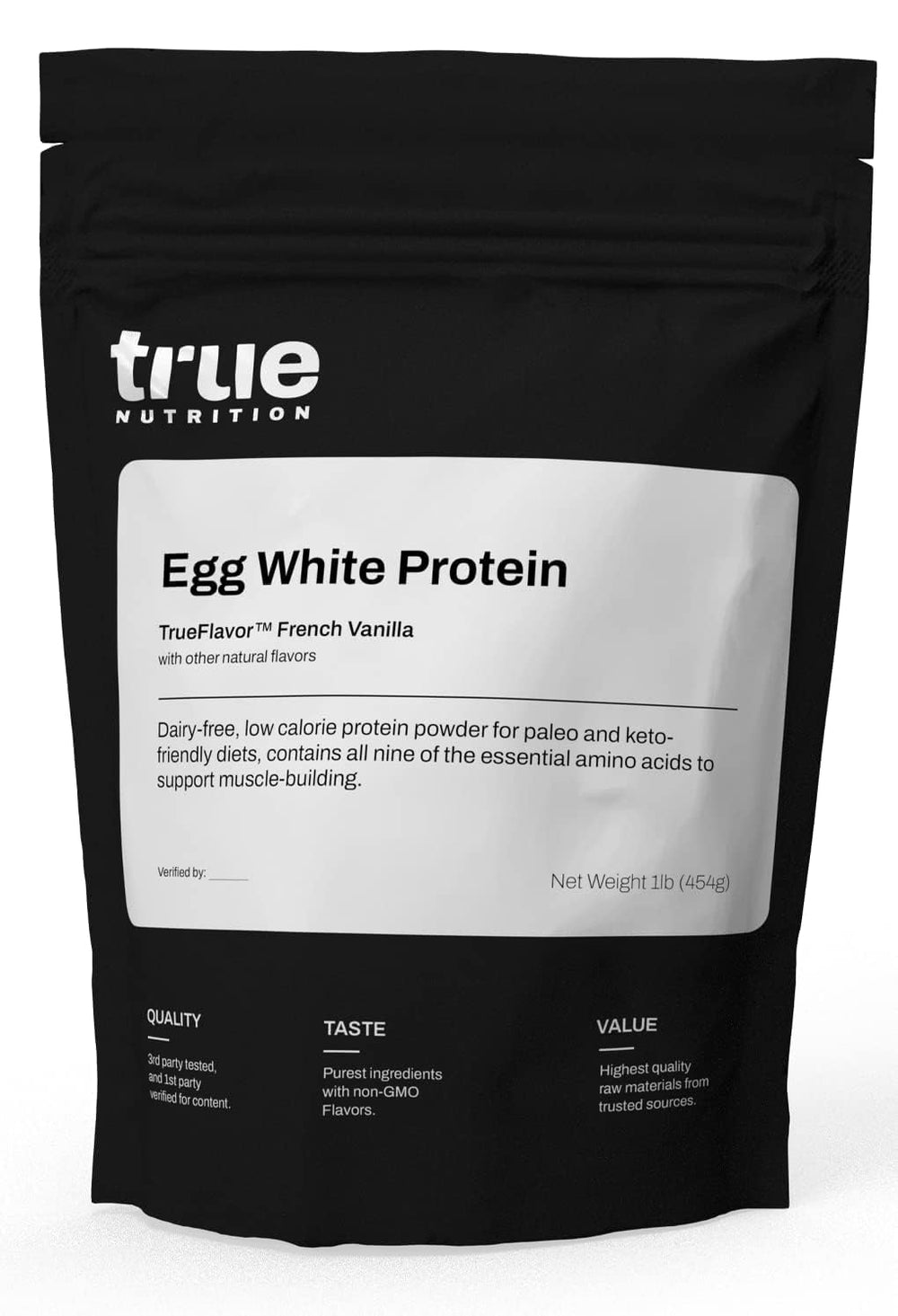 True Nutrition egg white protein powder vanilla bottle showcasing a dairy free, high protein option for post workout recovery