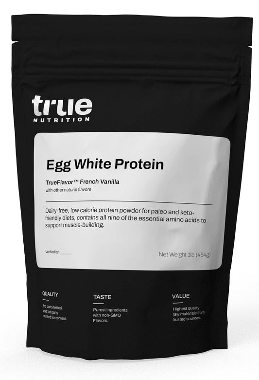 True Nutrition egg white protein powder vanilla bottle showcasing a dairy free, high protein option for post workout recovery