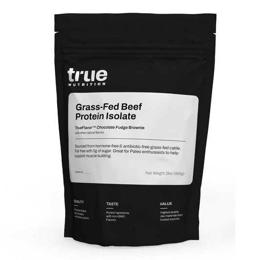 True Nutrition grass-fed beef protein isolate pour action, highlighting fat-free and sugar-free protein
