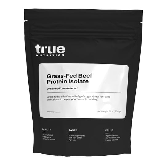 True Nutrition grass-fed beef protein powder bottle for zero sugar and fat-free protein