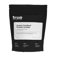 True Nutrition grass-fed beef protein bottle shows 29g protein per serving for paleo and keto diets.