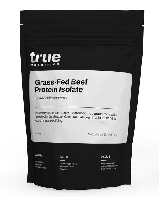 True Nutrition Grass-Fed Beef Protein Powder front view, high-protein source for workouts
