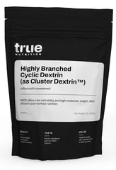 True Nutrition Hbcd powder bottle highlights rapid-absorption carbohydrates for intra-workout energy.