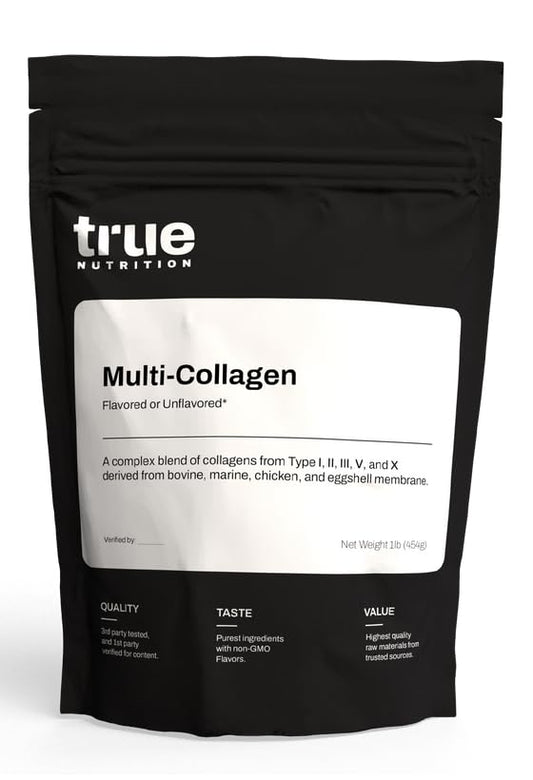 True Nutrition Multi-Collagen Powder bottle on a kitchen shelf for daily use.