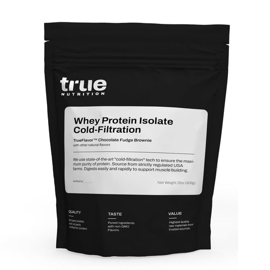 True Nutrition Whey Isolate Cold-Filtration chocolate bag, high protein option for clean shakes.