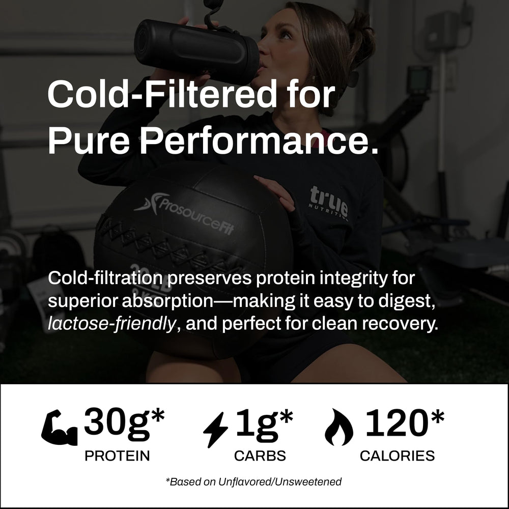 True Nutrition Whey Isolate chocolate scoop, convenient 27 g protein per serving after workouts.